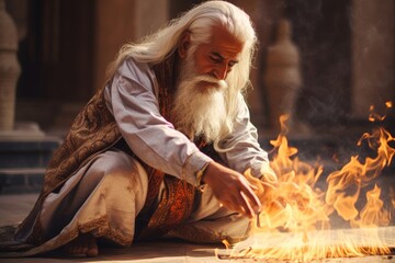 
Senior Zoroastrian priest in his 60s performing fire rituals in the courtyard of an ancient Iranian temple