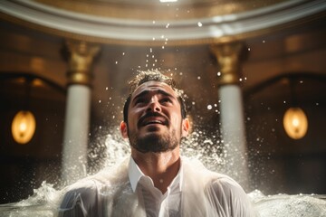 
Young Catholic priest in his 30s performing a baptism ceremony in a vibrant Latin American church - obrazy, fototapety, plakaty