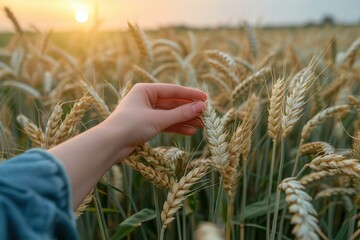 Wheat field, female hand stroking touches of ripe ears of wheat, beautiful nature sunset landscape