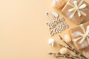 Charming Easter display idea. Overhead shot of craft-wrapped presents, Happy Easter text, speckled...