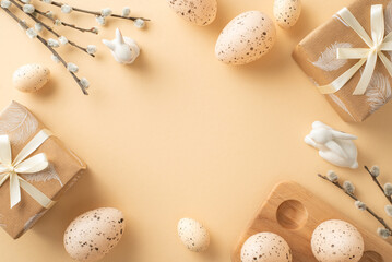 Quaint Easter setup visualization. Top view of beige paper presents, bunny figures, dotted quail...