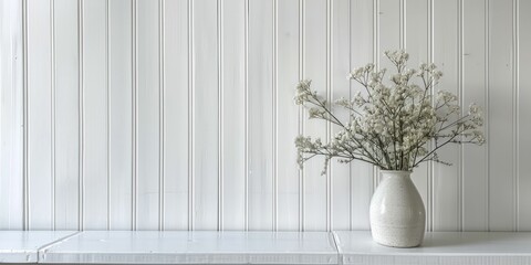 Vertical white wooden planks create clean lines and a modern wall treatment. - obrazy, fototapety, plakaty
