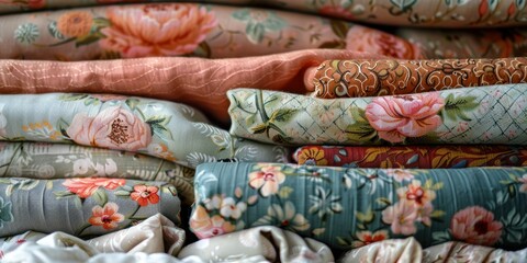 Retro fabric's textured overlay, adorned with intricate floral patterns and ethereal pastel hues, evokes an air of bygone elegance.