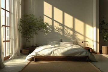 This photograph showcases a minimalist modern bedroom with a Scandinavian-inspired design, featuring a bed and a plant in the corner.