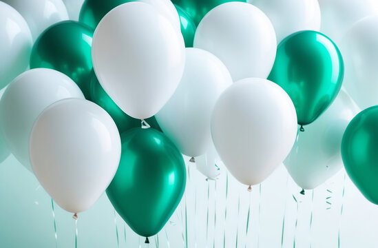 White and emerald colored balloons on light green plain background. Festive backdrop. Balloons bunch. Horizontal banner. Birthday party decoration. Front view. Space for greeting text. Copy Space