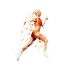 Run, running woman, isolated low poly vector illustration, side view - obrazy, fototapety, plakaty