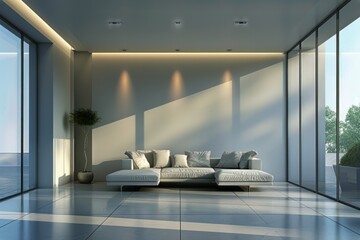 A modern, minimalist living room with clean lines featuring a white couch positioned next to a window.