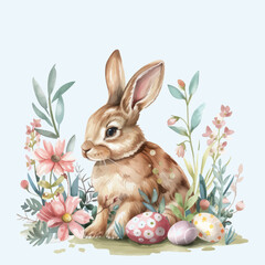 Easter basket with eggs and bunny decorated with flowers. Happy easter