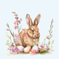 Easter basket with eggs and bunny decorated with flowers. Happy easter