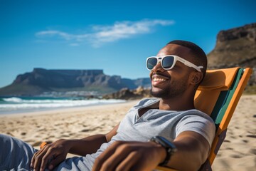 
A 29-year-old South African man enjoying a relaxing day at the beach, promoting leisure activities for overall health on World Health Day