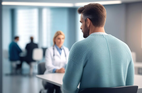 Doctor's Appointment Scene. Modern consultation room. Doctor and patient seated facing each other. Physician explaining treatment plan to diseased. Trust, help, medical consulting with medicare worker