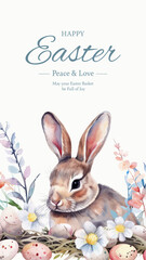 Easter basket with eggs and bunny decorated with flowers. Happy easter