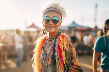 Mature hippie woman with dreadlocks dancing at music festival.