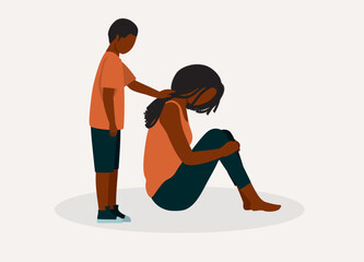 Black Mother With Depression Sitting On Floor Ignoring Her Little Son Who Is Trying To Comfort Her. Full Length. Flat Design.