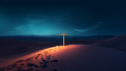 Holy cross, symbol of God, religion, faith, Jesus Christ, desert dunes, sky to the horizon - 741317675