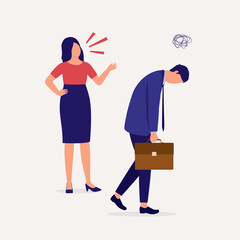 Unhappy Wife Keeps On Nagging At Her Husband When He Just Came Home From Work Feeling So Tired And Stressful. Full Length. Flat Design.