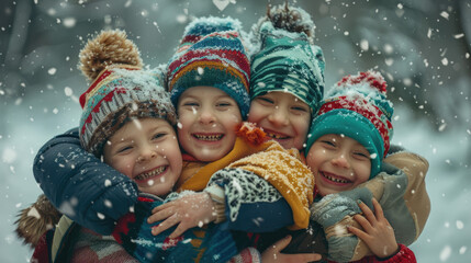 Fototapeta na wymiar Group of kids wrapped up in warm clothes hugging together in snow winter
