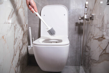 Modern silicone brush for cleaning the dirt of the wall-mounted toilet. Toilet care and hygiene...