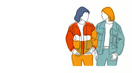 Minimalist full body illustration of man and woman. Wearing colorful outfit. Copy space.