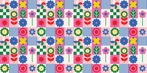 Geometric seamless pattern inspired by Brutalism art. Vibrant, bold design with simple geometric shapes. Ideal for web art, invites, posters, prints, textiles, backgrounds, and packaging.