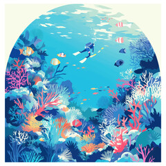 Fototapeta na wymiar Underwater scene with coral reef, fish and seaweed. Vector watercolor illustration.