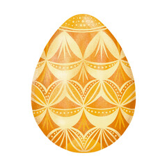Easter egg, golden color, with ornaments in a geometric pattern, realistic effect, isolated on a white background, illustration for design and decor, holiday template for creativity