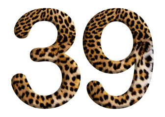The shape of the number 39 is made of leopard fur or skin isolated on transparent background. Suitable for birthday, anniversary and Memorial Day templates