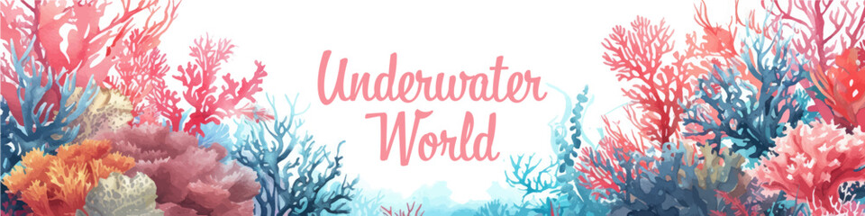 Underwater scene with coral reef, fish and seaweed. Vector watercolor illustration. © Rimsky