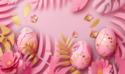 Fototapeta na wymiar Beautiful decorated Easter eggs. Pink colored with floral elements. View from above, background with copyspace for your text. Easter celebration concept.