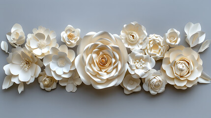 A sophisticated layout showcasing ivory paper flowers against a soft gray background, offering space for personalized text or greeting card messages. Tailor-made for International Women's Day