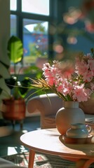 A table with a vase filled with colorful flowers placed on top of it in an office lounge area with spring-themed accents.