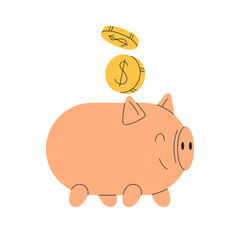 Saving money with pig bank, piggy box. Putting coins, cash into piggybank, moneybox for future. Finance, deposit, capital and budget concept. Flat vector illustration isolated on white background - 741319222