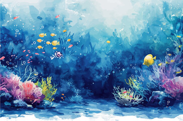 Underwater scene with coral reef, fish and seaweed. Vector watercolor illustration. - obrazy, fototapety, plakaty