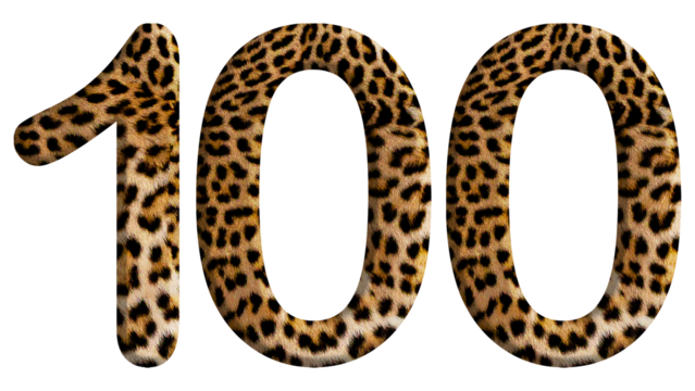 The shape of the number 100 is made of leopard fur or skin isolated on transparent background. Suitable for birthday, anniversary and Memorial Day templates