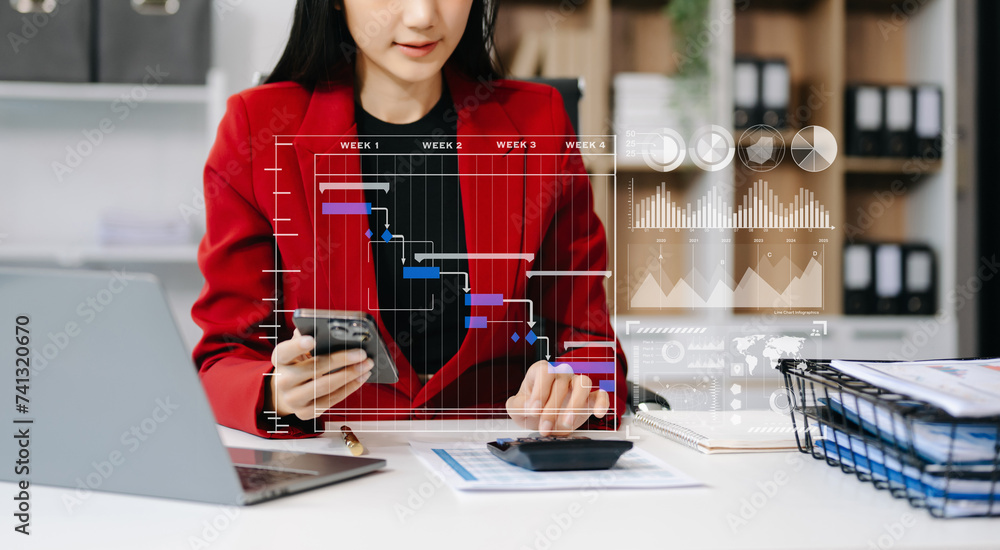 Poster businesswoman hand project manager working and update tasks and gantt chart scheduling virtual diagr