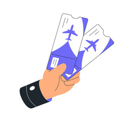 Two air flight tickets, boarding passes in hand. Tourist, passenger holding checkin papers for airline, airplane travel, showing for checking. Flat vector illustration isolated on white background - 741321290