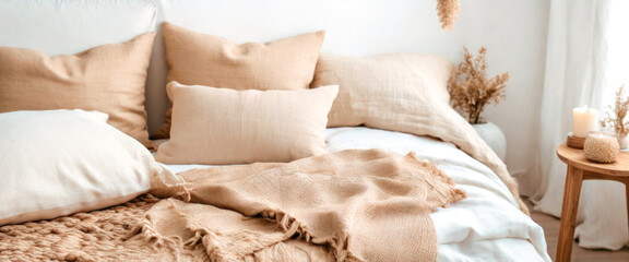 A bed with pillows and a blanket in a room of delicate warm colors.