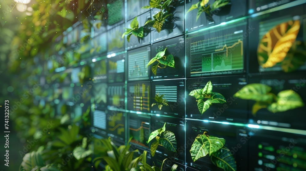 Poster interactive smart grid display integrating biomass energy sources, emphasizing tech in energy distri