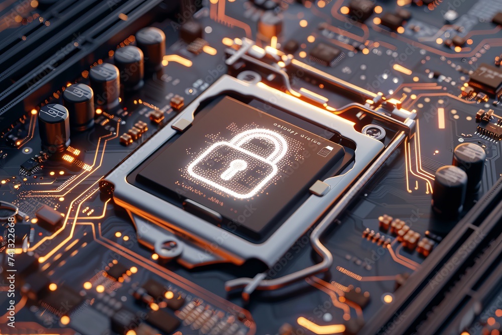 Poster glowing padlock atop cpu with interactive hologram security