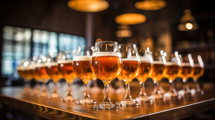 Fototapeta na wymiar Glasses of draft beer on bar counter