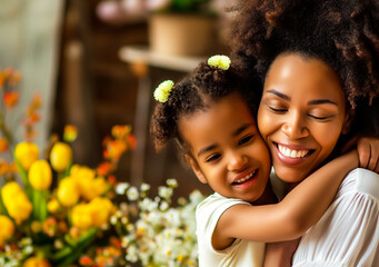 Mother and daughter hugging in a room with flowers. Mother's Day, love and family concept