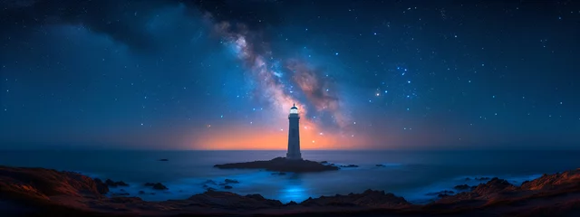 Zelfklevend Fotobehang A lighthouse elegantly breached out of the ocean at night © Nadim's Works