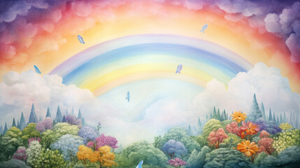 Rainbow arching over lush floral landscape with birds. Wall art wallpaper - 741323403