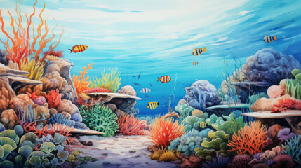 Vibrant underwater seascape with colorful coral and fish. Wall art wallpaper - 741323412