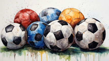 Colorful soccer balls in watercolor art style. Wall art wallpaper - 741323418