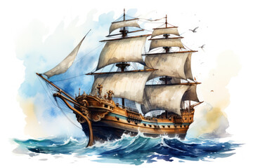Classic pirate ship with sails unfurled at sea. Wall art wallpaper - 741323419