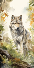 Lone wolf standing alert in a colorful forest clearing. Wall art wallpaper