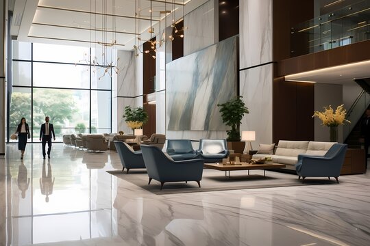 A modern office lobby with sleek furniture, a polished marble floor, and executives engaged in discussions.