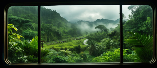 nature lanscape point of view from train window. vacation travel concept background - obrazy, fototapety, plakaty