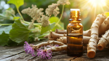 jar with essential oil extract of burdock root oil on a wooden background